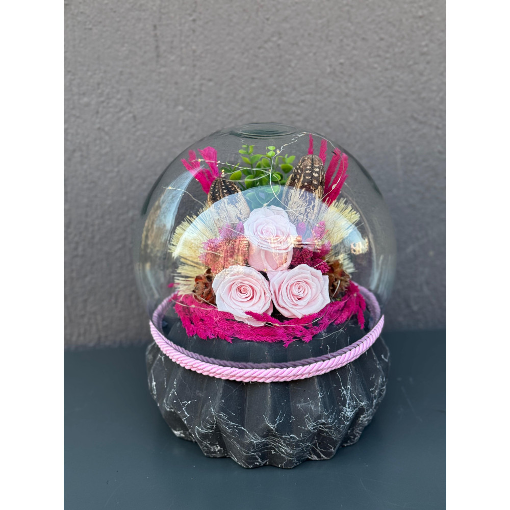 ÖZEL BÜYÜK ÜÇLÜ IŞIKLI PEMBE  SOLMAYAN GÜL